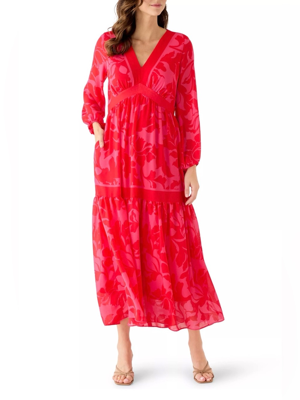 Taylor Women's Three-Quarter V-Neck Printed Chiffon Maxi Dress Pink Red Size 12